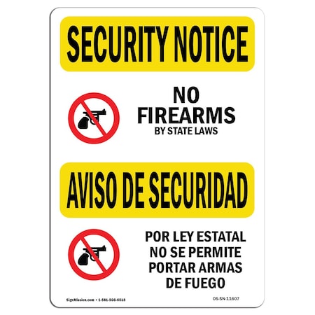 Signmission OSHA Security Sign, 10" Height, 14" Width, No Firearms By State Law Bilingual, Landscape OS-SN-D-1014-L-11607